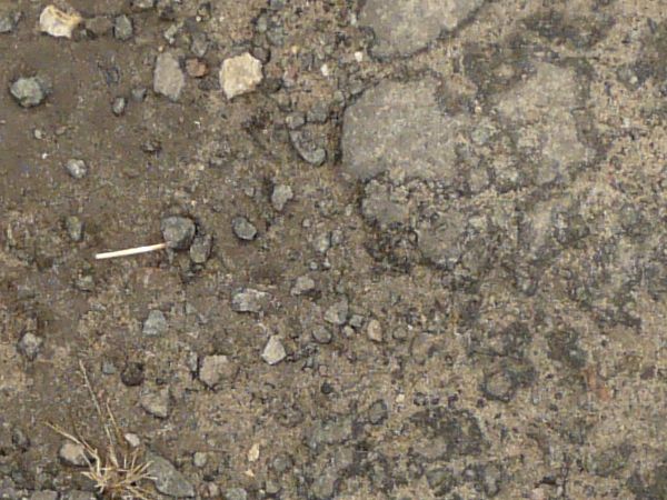 Grey asphalt texture covered with thick cracks and with several small broken holes full of dirt and rocks.